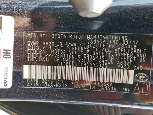 2T1BURHEXHC835929 - 2017 TOYOTA COROLLA L BLUE photo 12