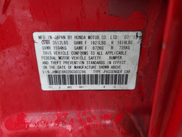 JHMGE8H32DC003286 - 2013 HONDA FIT RED photo 12