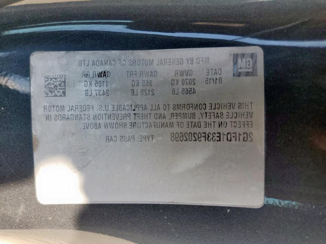 2G1FD1E33F9202698 - 2015 CHEVROLET CAMARO LT BLACK photo 12