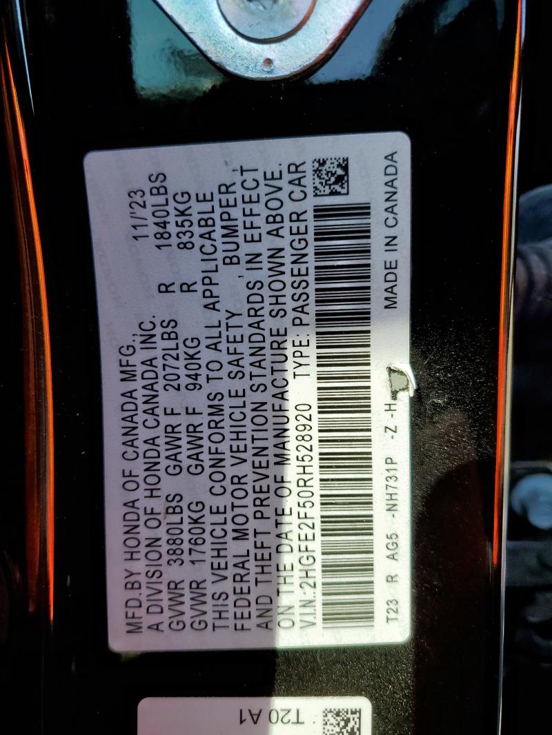 2HGFE2F50RH528920 - 2024 HONDA CIVIC SPORT Czarny zdjęcie 12