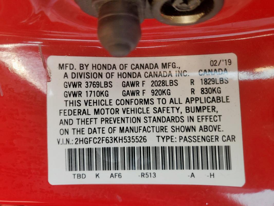 2HGFC2F63KH535526 - 2019 HONDA CIVIC LX 红色 照片 13