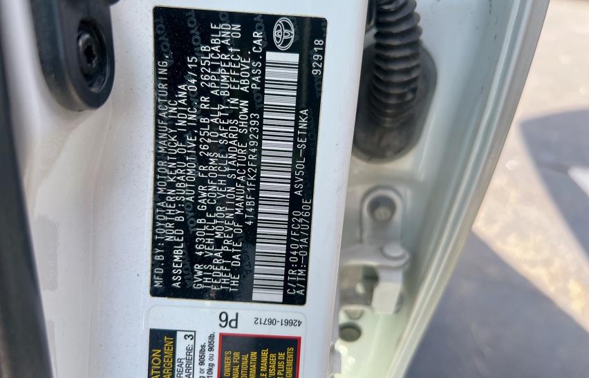 4T4BF1FK2FR492393 - 2015 TOYT CAMRY LE 白色 照片 10