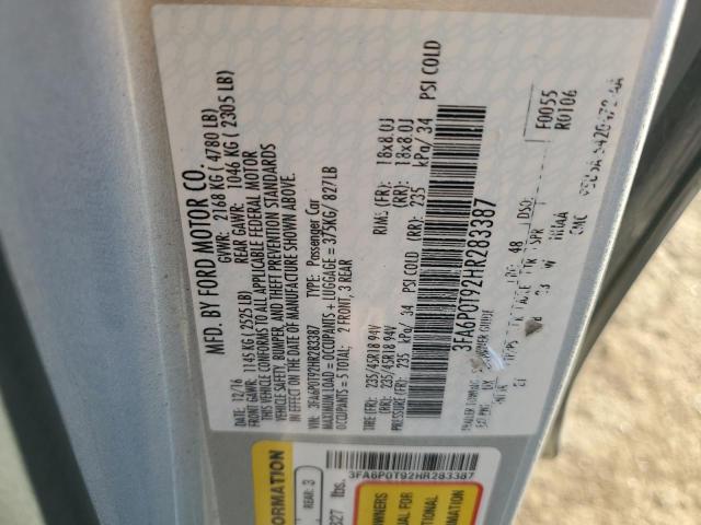 3FA6P0T92HR283387 - 2017 FORD FUSION SE SILVER photo 12