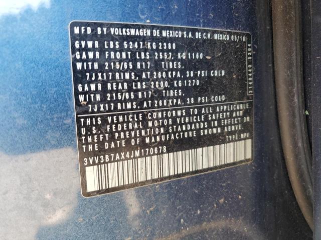 3VV3B7AX4JM170678 - 2018 VOLKSWAGEN TIGUAN SE BLUE photo 12