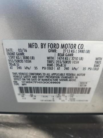 1FM5K7FHXGGC69609 - 2016 FORD EXPLORER LIMITED GRAY photo 13