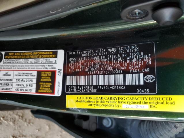 4T4BF3EK7BR092398 - 2011 TOYOTA CAMRY BASE Կանաչ լուսանկար 12