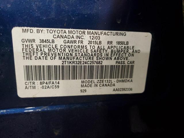 2T1KR32E24C257682 - 2004 TOYOTA COROLLA MA XR BLUE photo 12
