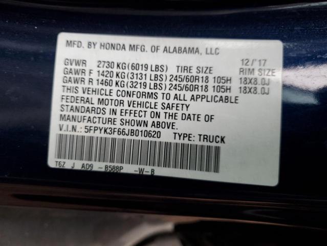 5FPYK3F66JB010620 - 2018 HONDA RIDGELINE RTL Синий фото 12