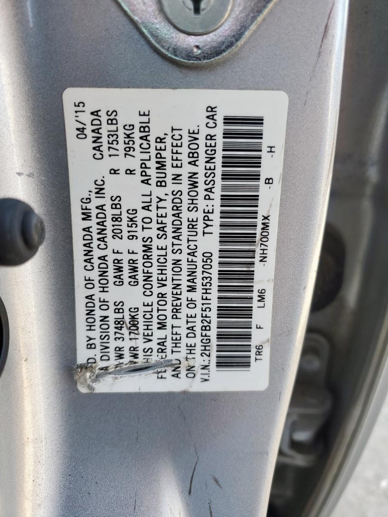 2HGFB2F51FH537050 - 2015 HONDA CIVIC LX SILVER photo 12