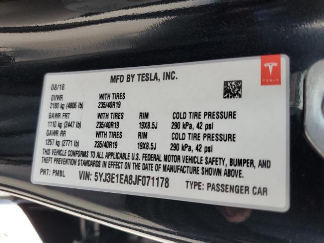 5YJ3E1EA8JF071178 - 2018 TESLA MODEL 3 Czarny zdjęcie 12