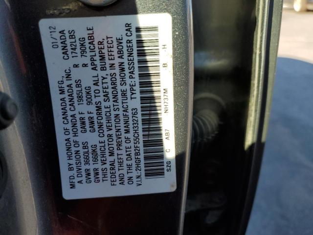 2HGFB2F55CH332763 - 2012 HONDA CIVIC LX GRAY photo 12