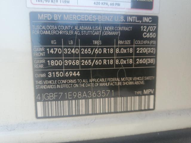 4JGBF71E98A363571 - 2008 MERCEDES-BENZ GL 450 4MATIC WHITE photo 13