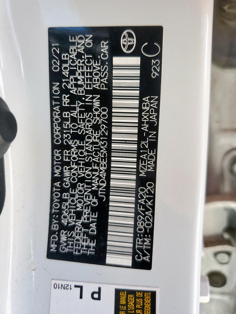 JTND4MBE5M3129700 - 2021 TOYOTA COROLLA SE Beyaz fotoğraf 12