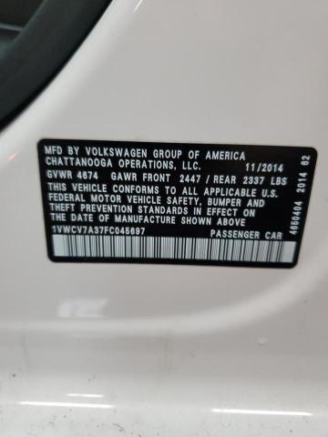 1VWCV7A37FC045697 - 2015 VOLKSWAGEN PASSAT SEL WHITE photo 12