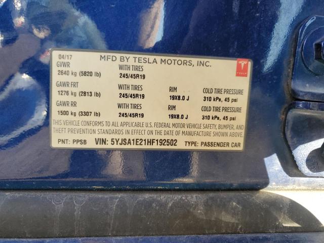 5YJSA1E21HF192502 - 2017 TESLA MODEL S Көк фото 12
