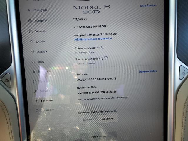 5YJSA1E21HF192502 - 2017 TESLA MODEL S Көк фото 9