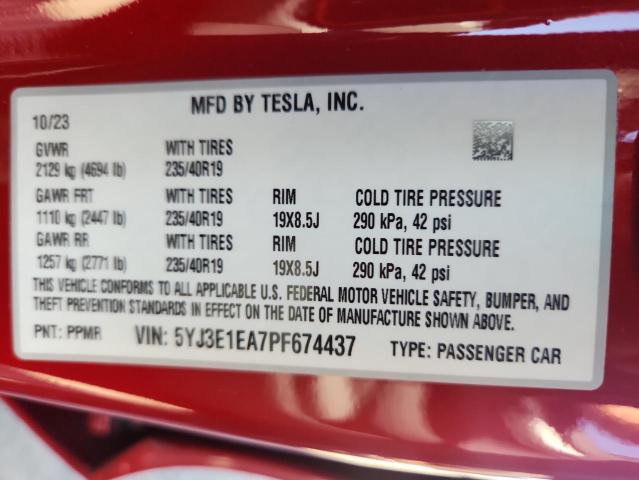 5YJ3E1EA7PF674437 - 2023 TESLA MODEL 3 წითელი ფოტო 12