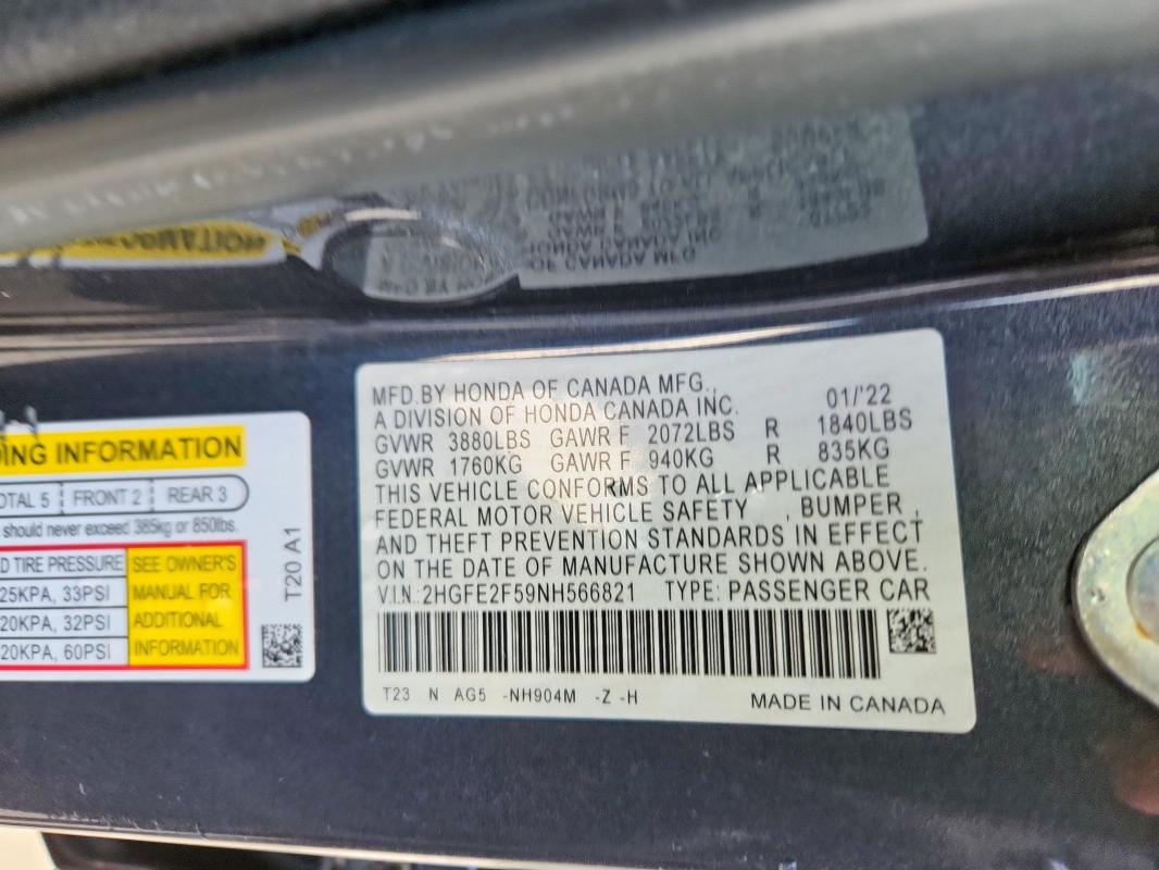 2HGFE2F59NH566821 - 2022 HONDA CIVIC SPORT ნაცრისფერი ფოტო 12