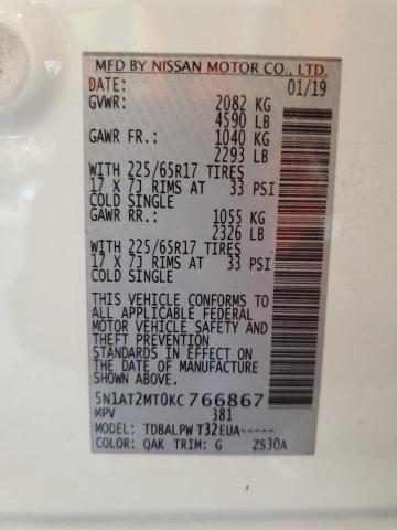 5N1AT2MT0KC766867 - 2019 NISSAN ROGUE S 白色 照片 12