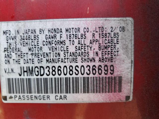 JHMGD38608S036699 - 2008 HONDA FIT SPORT RED photo 12