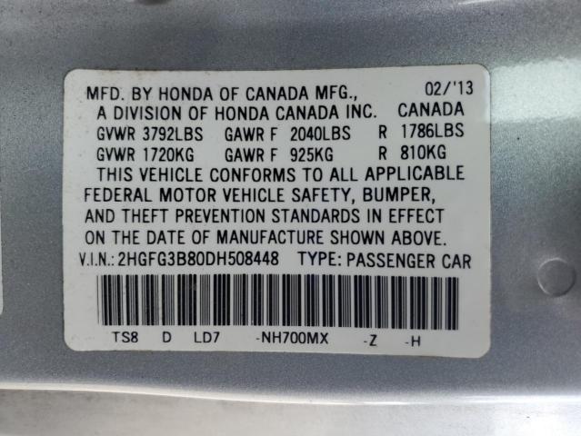 2HGFG3B80DH508448 - 2013 HONDA CIVIC EX SILVER photo 12