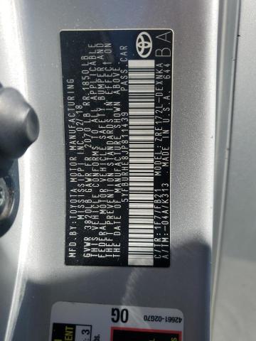 5YFBURHE8JP811439 - 2018 TOYOTA COROLLA L Күміс фото 12