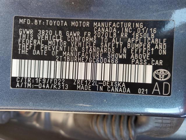 2T1BURHE7GC600466 - 2016 TOYOTA COROLLA L ლურჯი ფოტო 12