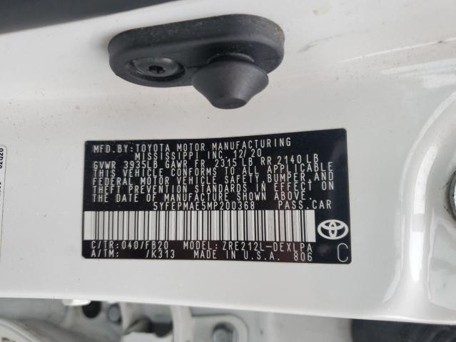 5YFEPMAE5MP200368 - 2021 TOYOTA COROLLA LE Blanc photo 12