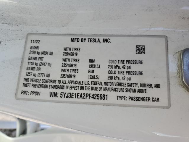 5YJ3E1EA2PF425981 - 2023 TESLA MODEL 3 Blanco foto 13