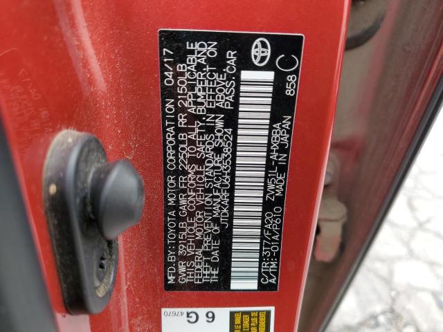 JTDKARFU6H3538524 - 2017 TOYOTA PRIUS ბურგუნდია ფოტო 12