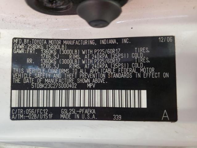 5TDBK23C27S000402 - 2007 TOYOTA SIENNA LE أبيض صورة 13