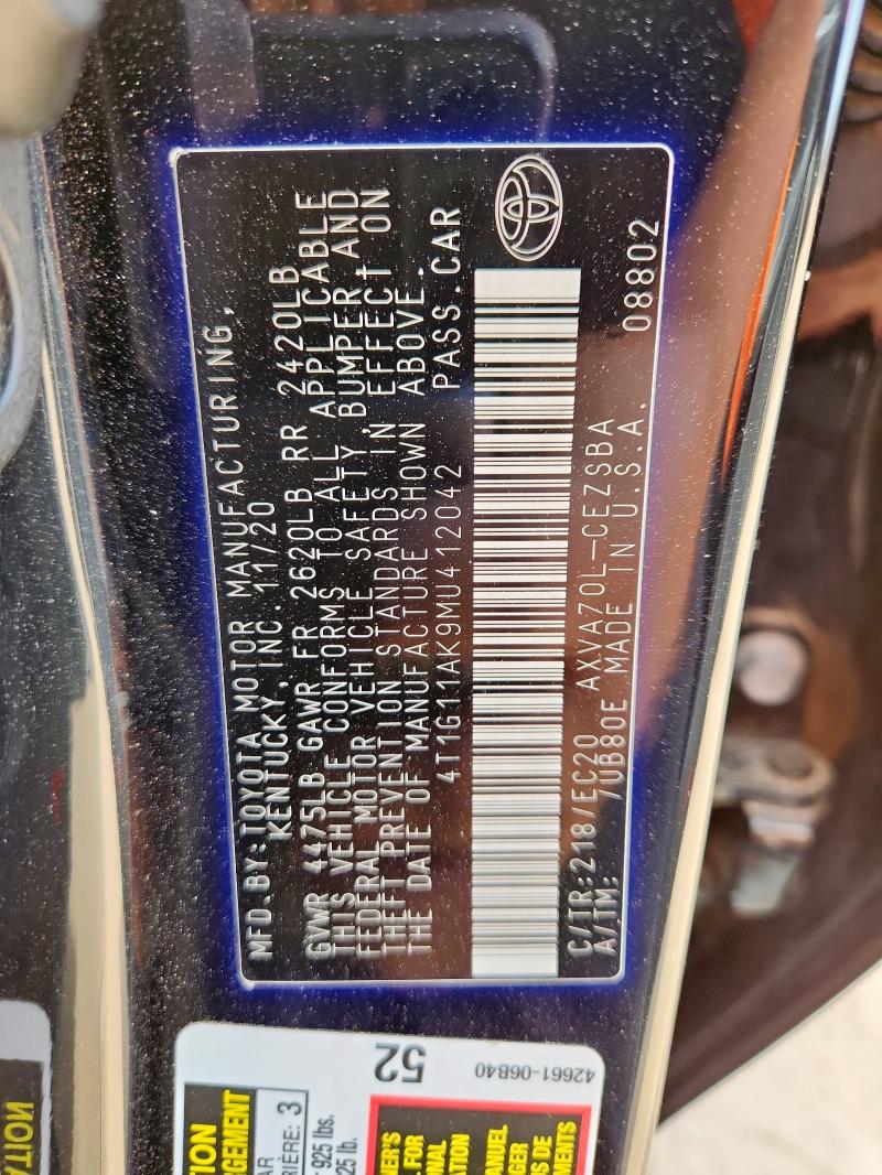 4T1G11AK9MU412042 - 2021 TOYOTA CAMRY SE შავი ფოტო 12