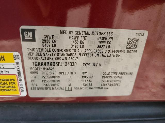 1GKKVRKD6FJ124330 - 2015 GMC ACADIA SLT-1 RED photo 13