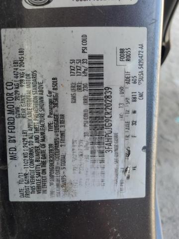 3FAHP0JG9CR202839 - 2012 FORD FUSION SEL GRAY photo 12