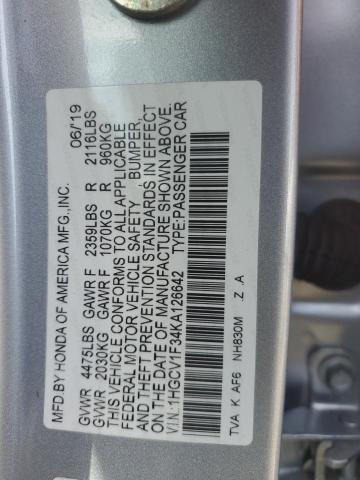 1HGCV1F34KA126642 - 2019 HONDA ACCORD SPORT Արծաթագույն լուսանկար 12
