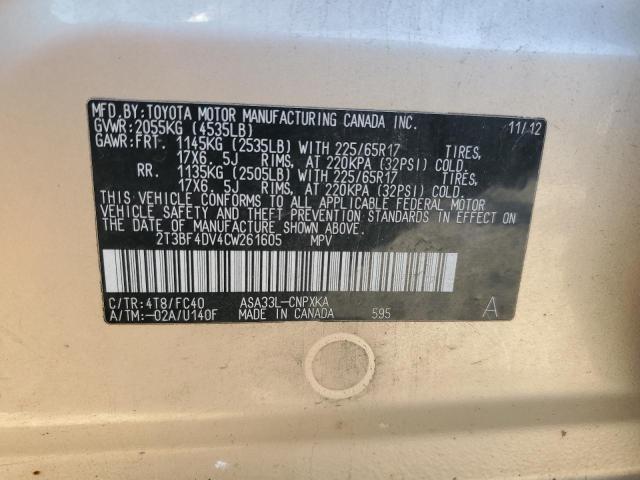 2T3BF4DV4CW261605 - 2012 TOYOTA RAV4 TAN photo 13