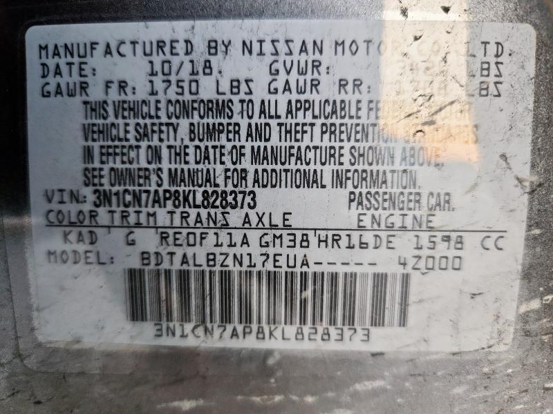 3N1CN7AP8KL828373 - 2019 NISSAN VERSA S Boz foto 13