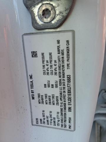 5YJ3E1EBXLF716683 - 2020 TESLA MODEL 3 白色 照片 12
