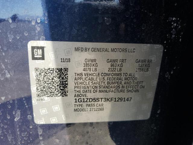 1G1ZD5ST3KF129147 - 2019 CHEVROLET MALIBU LT ლურჯი ფოტო 13