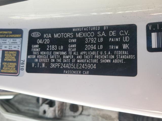 3KPF24AD5LE245904 - 2020 KIA FORTE FE WHITE photo 12