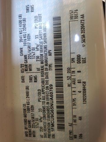 1FMCU9G65NUA60769 - 2022 FORD ESCAPE SE 白色 照片 12