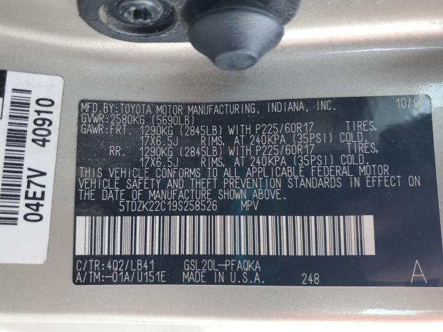 5TDZK22C19S258526 - 2009 TOYOTA SIENNA XLE 金色 照片 13