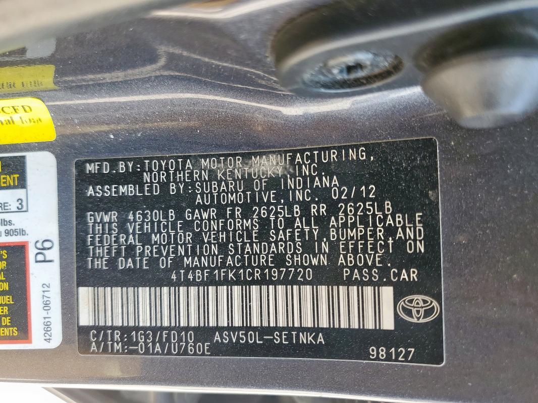 4T4BF1FK1CR197720 - 2012 TOYOTA CAMRY BASE 灰色 照片 12