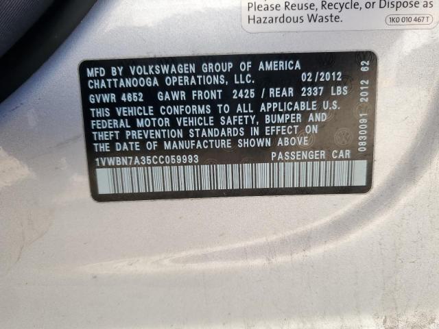 1VWBN7A35CC059993 - 2012 VOLKSWAGEN PASSAT SE ვერცხლისფერი ფოტო 12