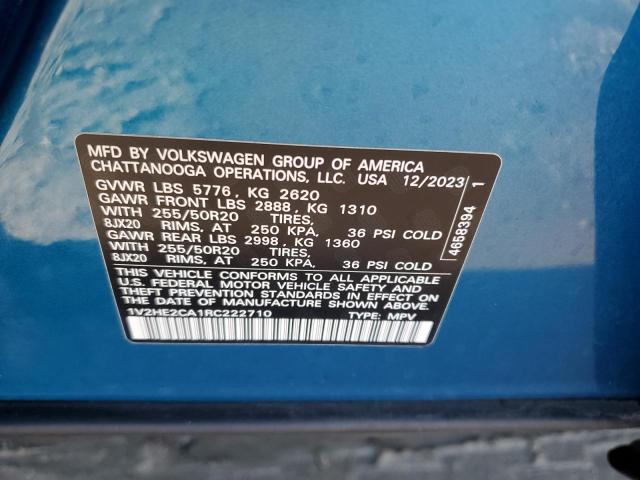 1V2HE2CA1RC222710 - 2024 VOLKSWAGEN ATLAS CROS SE Синій фото 14