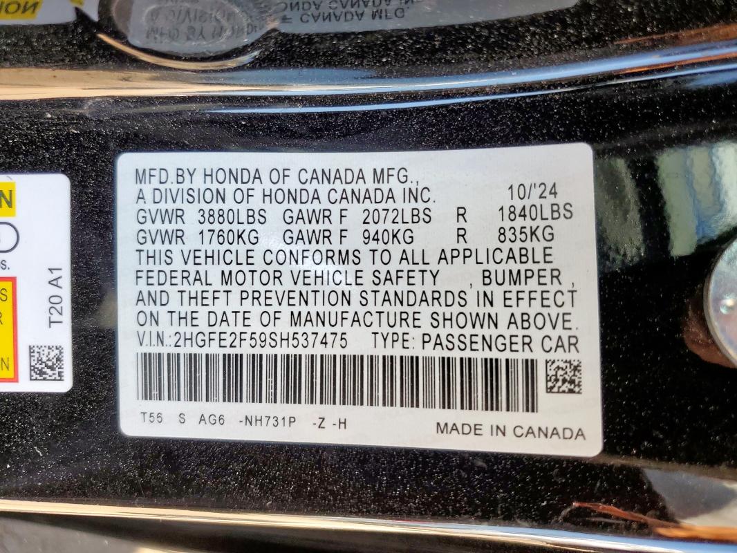 2HGFE2F59SH537475 - 2025 HONDA CIVIC SPORT Черный фото 13