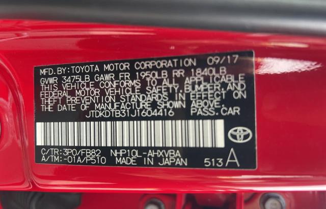 JTDKDTB31J1604416 - 2018 TOYT PRIUS C Rot Foto 10