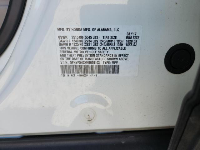 5FNYF5H5XHB030103 - 2017 HONDA PILOT EXL Ақ фото 13