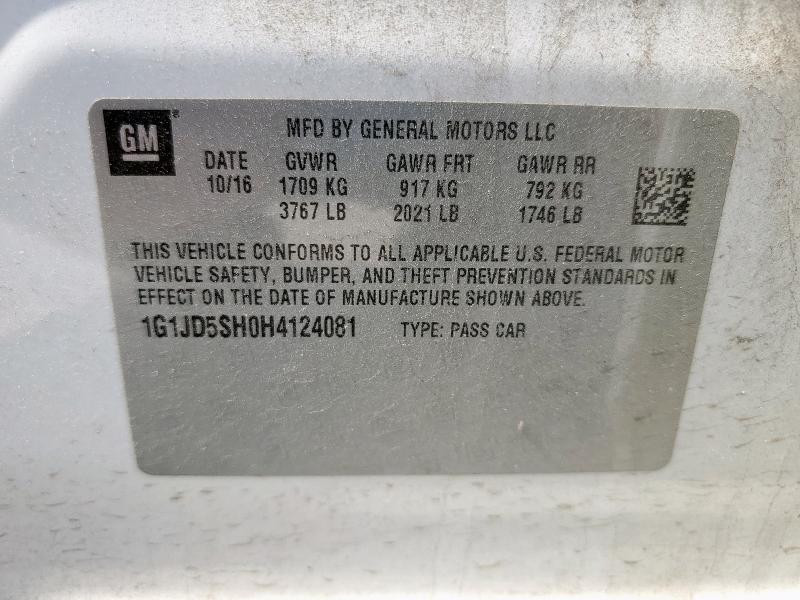 1G1JD5SH0H4124081 - 2017 CHEVROLET SONIC LT WHITE photo 12