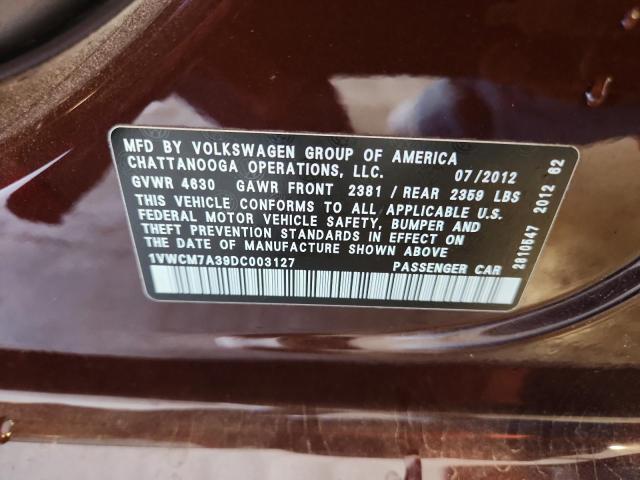 1VWCM7A39DC003127 - 2013 VOLKSWAGEN PASSAT SEL Bordeaux photo 12
